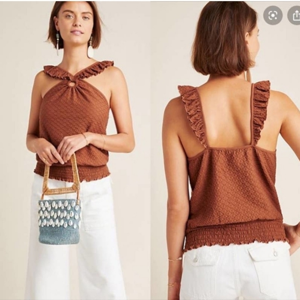 ANTHROPOLOGIE "Marisol" Ruffled Halter Blouse - Brown/Camel - Size Small